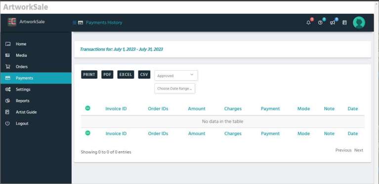 artworksale store dashboard