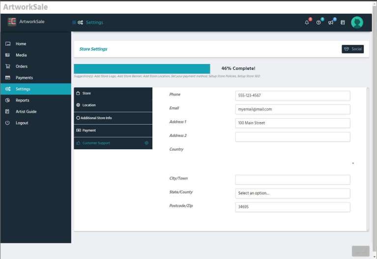 6.5 – Customer Support The Customer Support tab tells ArtworkSale how to get in touch with you should any issues happen about your artwork or by customer request.