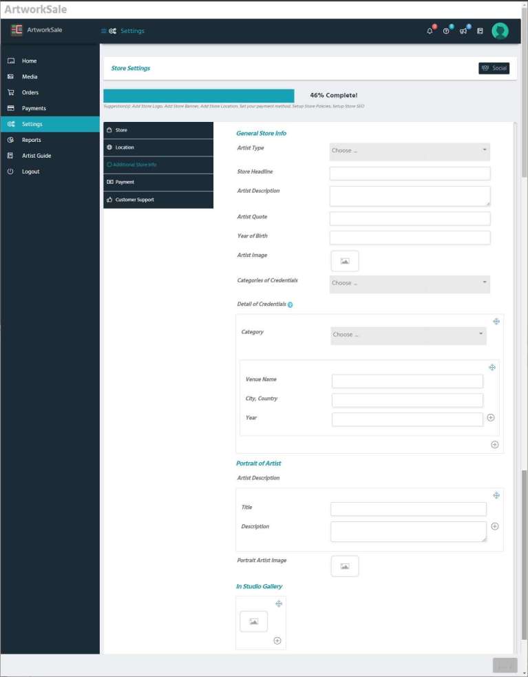 artworksale store dashboard