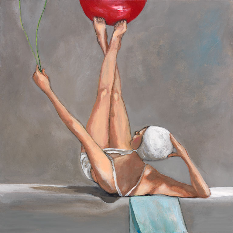 Swimmer with Baloon by Anne Carter is an original painting printed on canvas, fine art paper, or matte photo paper.
