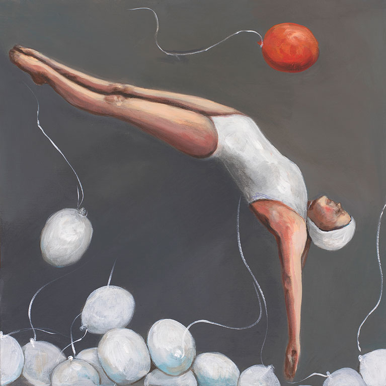 Swimmer with Baloon by Anne Carter is an original painting printed on canvas, fine art paper, or matte photo paper.