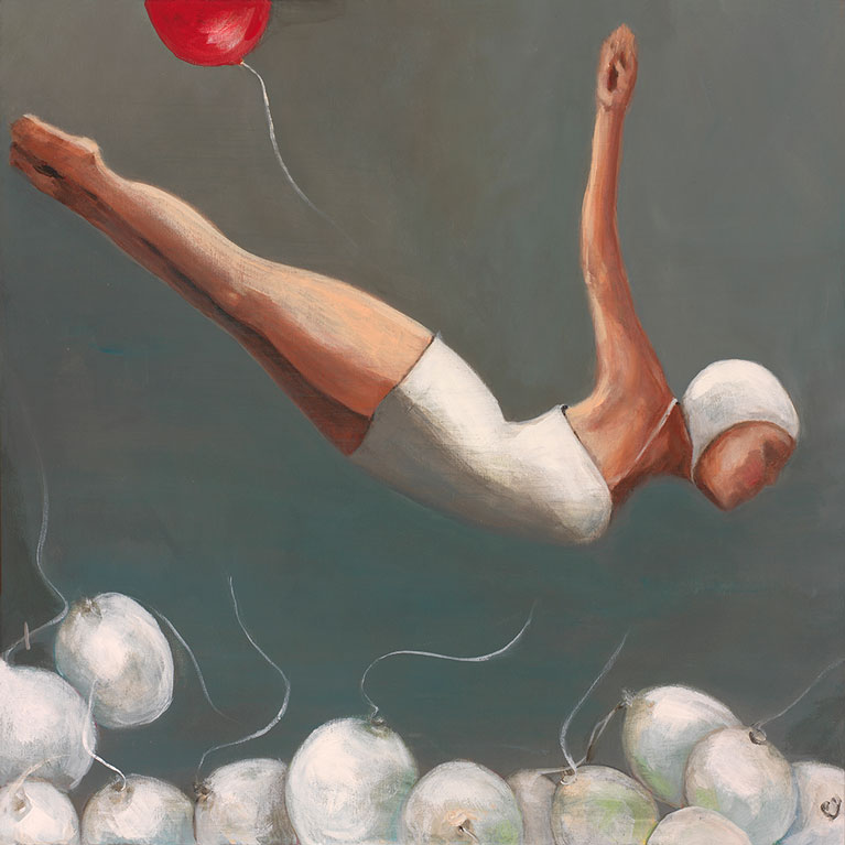 Swimmer with Baloon by Anne Carter is an original painting printed on canvas, fine art paper, or matte photo paper.