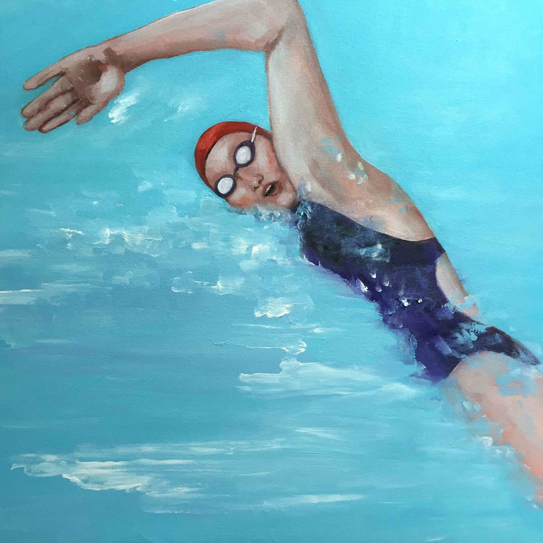 Swimmer ED by Anne Carter is an original painting printed on canvas, fine art paper, or matte photo paper.