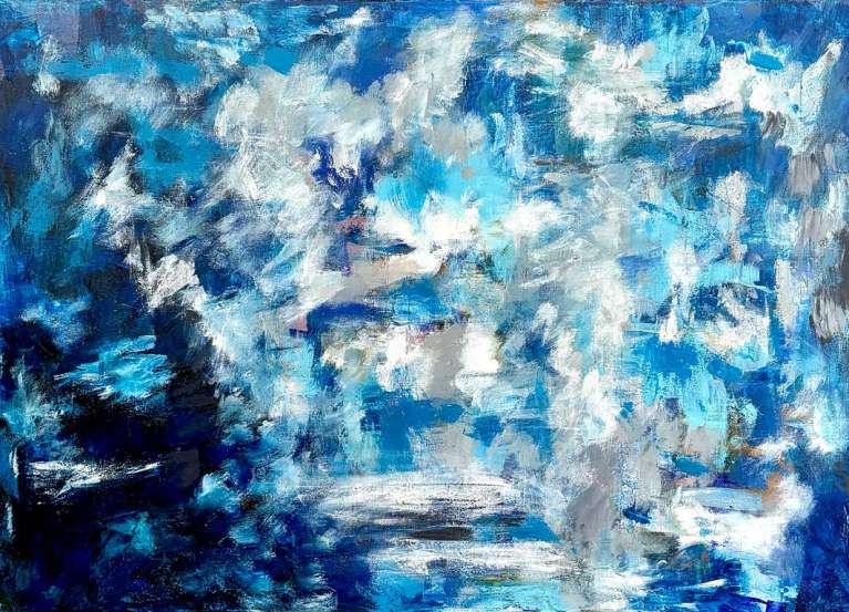 Janice-Savage Abstract painting in layered blues, whites, and deep charcoal with vertical gestures, scraped textures, and a sense of upward movement. artworksale, art for sale
