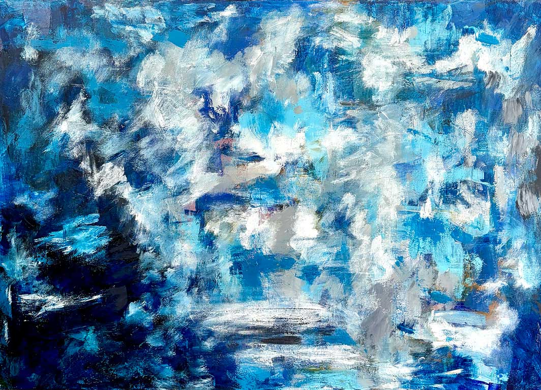 Janice-Savage Abstract painting in layered blues, whites, and deep charcoal with vertical gestures, scraped textures, and a sense of upward movement. artworksale, art for sale