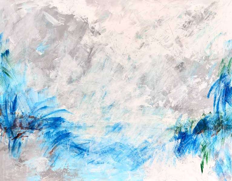 Janice-Savage Abstract painting in layered blues, whites, and deep charcoal with vertical gestures, scraped textures, and a sense of upward movement. artworksale