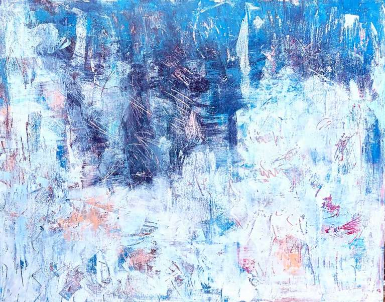 Janice Savage Abstract painting in layered blues, whites, and deep charcoal with vertical gestures, scraped textures, and a sense of upward movement. artworksale, art for sale
