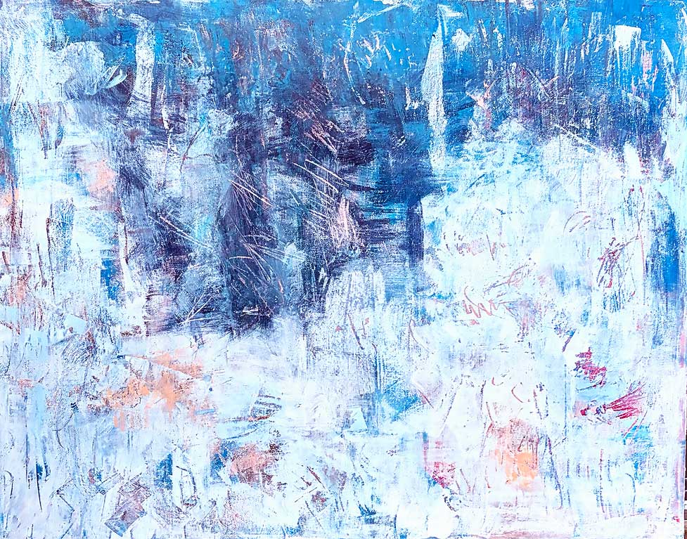 Janice Savage Abstract painting in layered blues, whites, and deep charcoal with vertical gestures, scraped textures, and a sense of upward movement. artworksale, art for sale