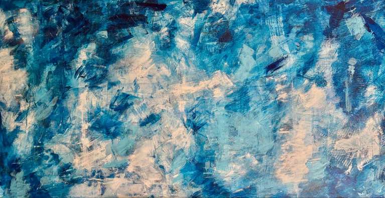 Janice-Savage Abstract painting in layered blues, whites, and deep charcoal with vertical gestures, scraped textures, and a sense of upward movement. artworksale, art for sale