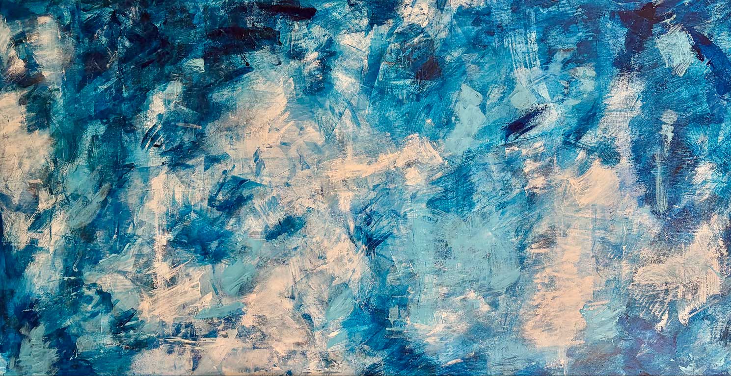 Janice-Savage Abstract painting in layered blues, whites, and deep charcoal with vertical gestures, scraped textures, and a sense of upward movement. artworksale, art for sale