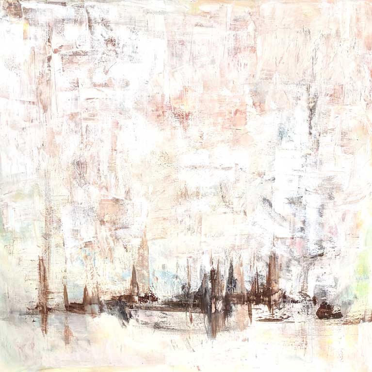 Janice-Savage Abstract painting in layered blues, whites, and deep charcoal with vertical gestures, scraped textures, and a sense of upward movement. artworksale, art for sale