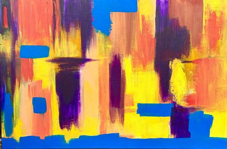 Janice Savage Abstract painting with warm earth tones and expressive brushstrokes and scraped textures- artworksale, art for sale