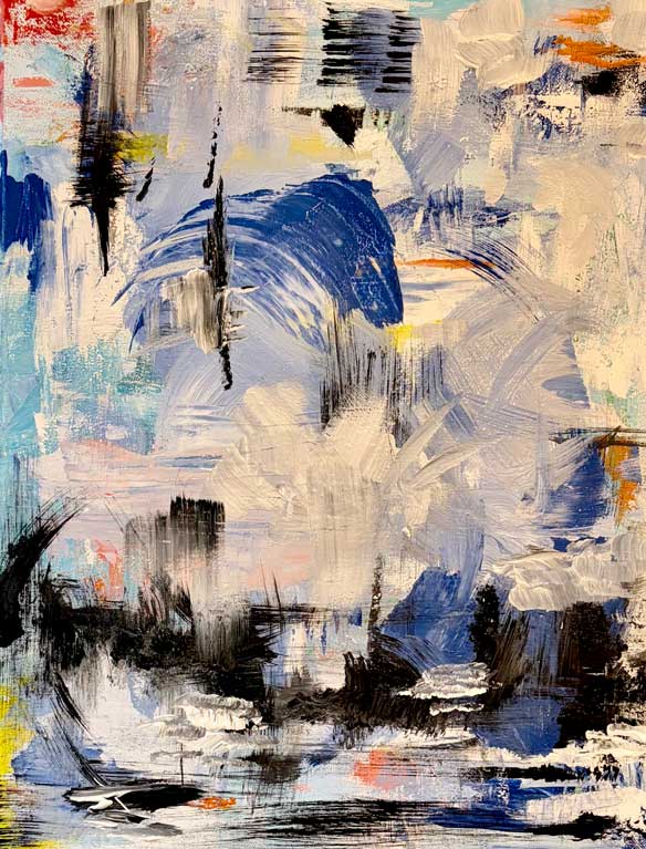 Janice-Savage Abstract painting in layered blues, whites, and deep charcoal with vertical gestures, scraped textures, and a sense of upward movement. artworksale, art for sale