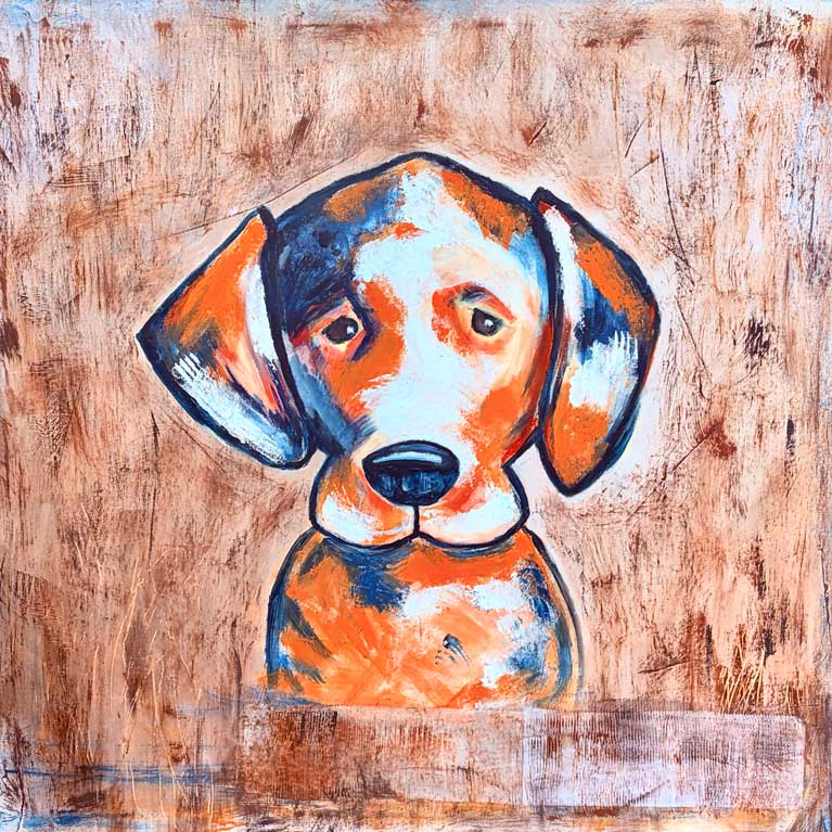 Janice Savage Abstract painting with warm earth tones and expressive brushstrokes and scraped textures- artworksale, art for sale, dog