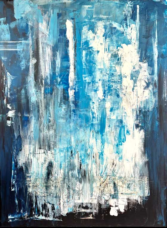 Janice-Savage Abstract painting in layered blues, whites, and deep charcoal with vertical gestures, scraped textures, and a sense of upward movement. artworksale